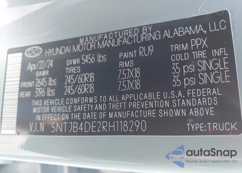 2024 Hyundai Santa Cruz Sel z USA, uszkodzony, nr VIN 5NTJB4DE2RH118290